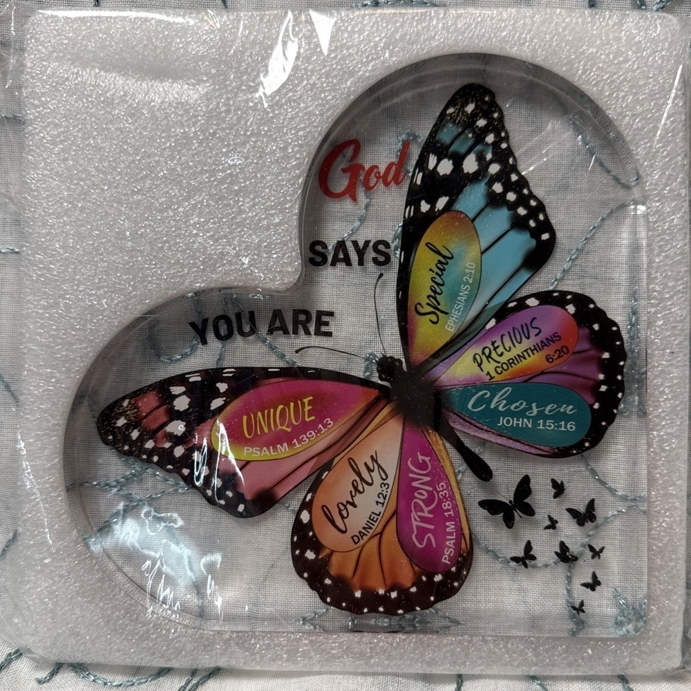 God Says You Are Heart Butterfly Glass Plaque Christian Decor 6x6 New